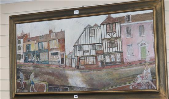 John Blight, oil or acrylic on board, Lewes High Street with a view to The Fifteenth Century Bookshop, 60 x 122cm